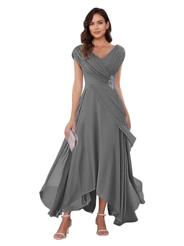 RYANTH Chiffon Tea Length Mother of The Bride Dresses for Women Cap Sleeves Pleated A Line Formal Evening Gowns