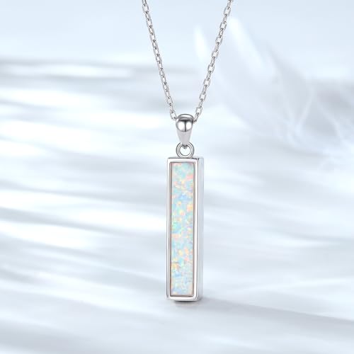 BEILIN Urn Necklaces for Ashes Sterling Silver Vertical Bar Pendant Necklace Cube Memorial Ashes Necklace Opal Cremation Urn Pendant for Women3