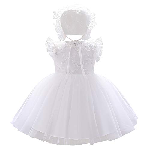 Baby Girls Christening Baptism Dress Infant Princess First Communion Birthday Flutter Ruffle Lace Flower Girl Dress Toddler Formal Wedding Party Baby Shower Gown with Bonnet Hat White 01 12-18 Months