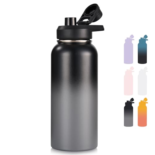 Image of Fijinhom Insulated Water Bottle with Handle, 304 Stainless Steel Water Bottles with Wide Mouth, Double Wall Vacuum Sports Water Bottle, BPA Free, Keep Cold and Hot, 32 Ounces Black /Gray