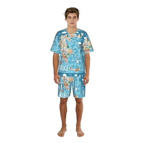 Pijama de mapa de Grecia para hombre: camiseta con cuello redondo y pantalones cortos