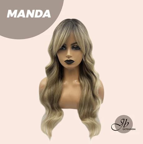 Miniatura 2 de MANDA - Peluca larga y ondulada con flequillo en capas, con raíces oscuras, balayage, rubio, rizada, para usar y llevar, pelucas de cabello largo