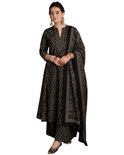 Image of GoSriKi Kurta Sets for Women Viscose Blend Printed | Kurti Set for Woman | Kurta Palazzo Dupatta Set | A Line Kurti | Mandarin Collar 3 /4 Sleeve Suit Set for Women Stylish Ethnic Outfit