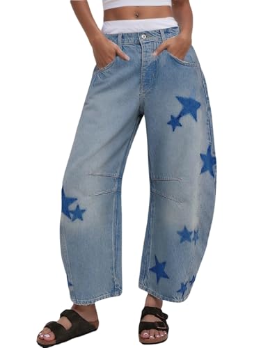 Star Barrel Jeans Women Elastic Mid Rise Wide Leg Jeans Loose Baggy Printed Boyfriend Denim Pants