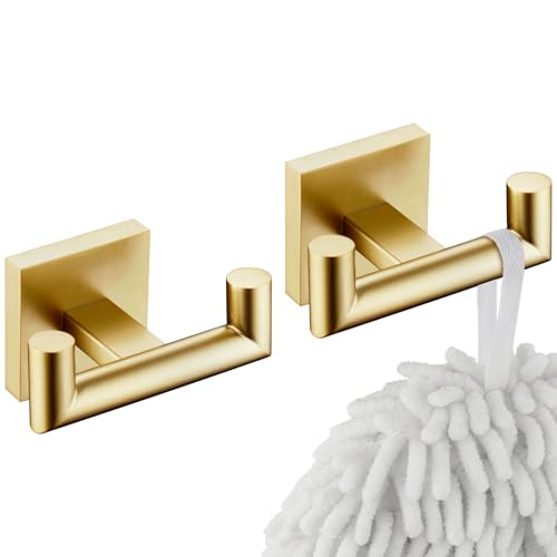 Image of KOKOSIRI Robe Hooks Bathroom Double Towel Coat Hook for Bath Kitchen Wall Mounted, 2 Pack Brushed Gold Stainless Steel B1015BG-P2