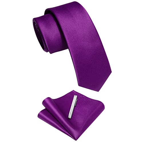 Image of YourTies Skinny Ties for Men Satin 2.4 inch Slim Necktie with Pocket Square Tie Clip Set Solid Color Wedding Party Business