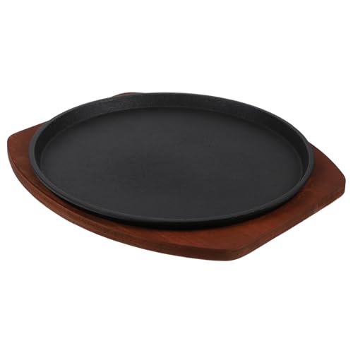 HIAKDOFT Plato para Bistec de Hierro Fundido Asas Dobles y Base de Madera, Sartén Redonda de 25 Cm para Cocinar y Servir en Ocasiones Obsequios