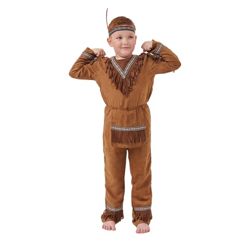 Generisch Costume d'Halloween pour garçon, chef indien, jeu de rôle, costume de carnaval, costume pour enfant, marron, 8-10 ans