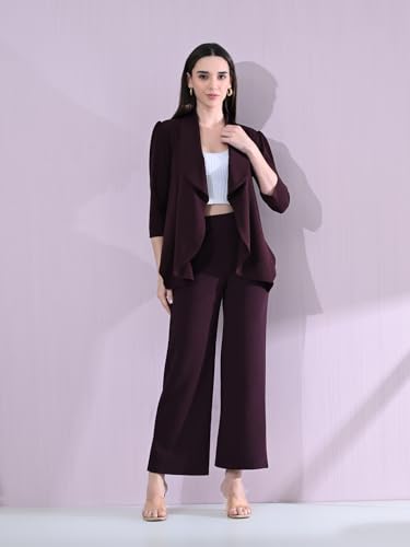 Image of Women's Solid Relaxed Fit 3 /4 Sleeve Cotton Blend Co-ord Blazer and Trouser Set