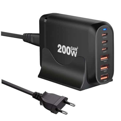 Image of MX 200W GaN USB C Charging Station, 6-Port Desktop Charger with PD 100W Type C Power Supply QC3.0 Fast Charging for MacBook Pro 16 inch /Air, Dell XPS, iPad Pro, iPhone 17 /16 /15, Galaxy S25 /S24