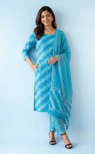 Image of Eddika women unstitched hand block printed cotton suit set with mulmul dupatta ehbpcswmd0120P
