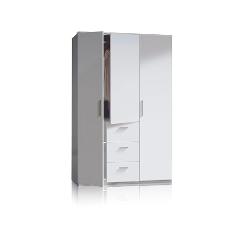 duehome | Armario Tres Puertas y Tres cajones, Modelo Lexor, Acabado en Color Blanco Brillo, Medidas: 117 cm (Ancho) x 203 cm (Alto) x 52 cm (Fondo)
