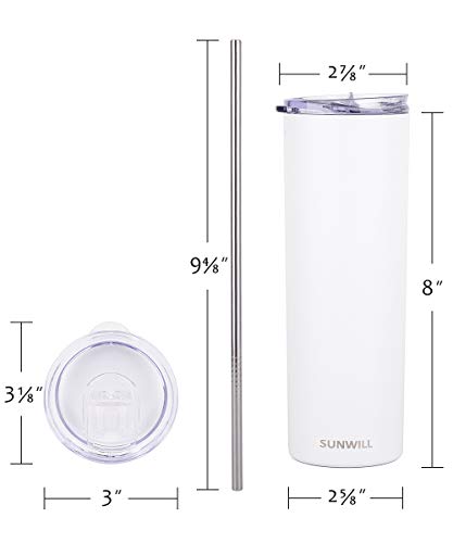 Sunwill Straw Tumbler Skinny Travel Tumbler With Lid, Vacuum Insulated Double Wall Stainless Steel 20Oz For Coffee, Tea, Beverages, White #TOP3