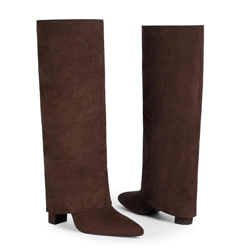 Image of Knee High Boots Women Fold Over Boots Chunky Heel Pointed Toe Tall Boots | Fashion Slouchy Boots,Side Zipper Shark Boots,Fall Spring Winter Fashion Dress Tall Boots,Evening Bridal office Long Boots