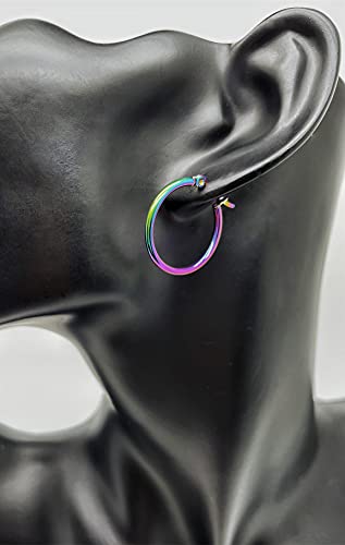 2CM Small Circle Huggie Hinged Hoop Earrings, Oxidized Rainbow Steel Womens, Classic3