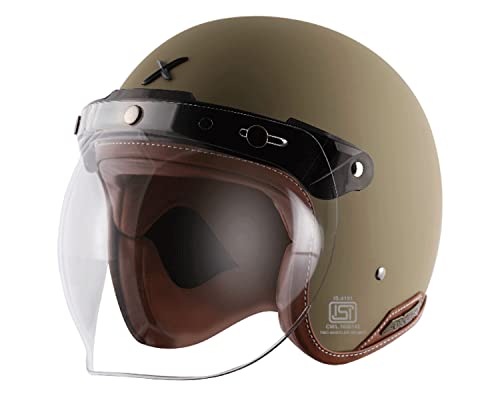 Image of Axor Retro Jet Leather ISI and DOT Certified Matte Finish Open Face Helmet for Men and Women with Clear Visor- Dull Desert Storm -L