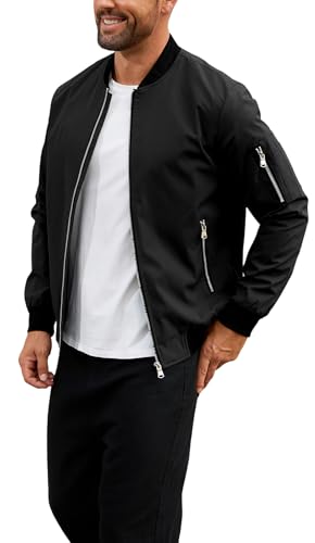 Image of QTE Black Bomber Jacket for Men Lightweight Casual Baseball collar jacket Coat Spring Fall Windbreaker Zip Up Coat with Pocket