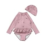[Joyesplay] ベビー 水着 女の子 ワンピース水着 前開きジッパー 2点セット キャップ付き 長袖ラッシュガード 紫外線対策 UVカット 子供 スイムウェア スイミング 幼児 赤ちゃん 夏 海 旅行 水遊び 温泉 ビーチ プール 80-120cm (JP, 身長, 100, ピンク)