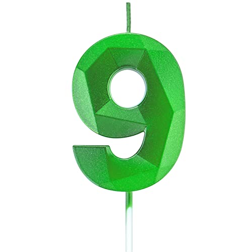 2.75in 3D Diamond Shape Tall Green 9 Candles, Glitter Happy Birthday Cake Toppers Decorating and Celebrating for Adults/Kids Party/Family Baking (2.75in Green Number 9)