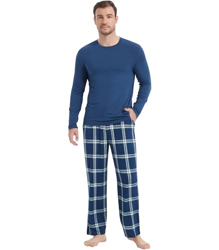 Image of NACHILA Pajamas for Men-Viscose Made from Bamboo, Long Sleeve Pajamas Set Comfy Sleepwear Pants Soft V Neck Pjs with Pockets