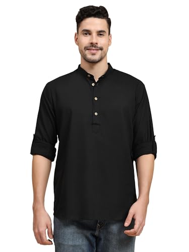 Image of SKAVIJ Men Solid Cotton Long Sleeve Casual Henley Kurta Shirt
