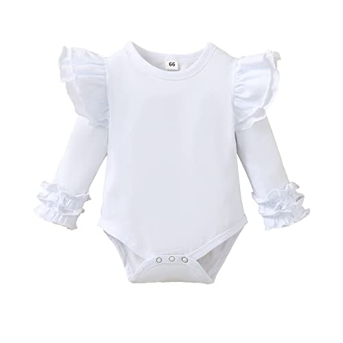 Image of Doahapyker Baby Girls Ruffle Long Sleeve Bodysuit Infant Girl One Piece Romper Toddler Girl Solid Color Jumpsuit