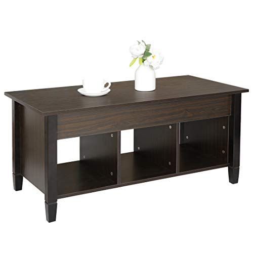 Super Deal Wood Coffee Table Lift Tabletop W/Hidden Compartment 3 Storage Shelf Modern Pop-Up Rising Dining Table For Home Living Room, 41 In L Espresso #TOP1