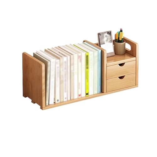 Półka na biurko Small Desktop Bookshelf with Double Drawers, Bamboo Desk Display Stand, for Home and Office Supplies Storage Organizer Mały regał na książki