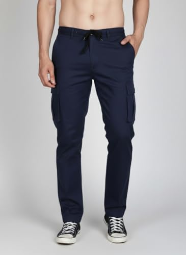 Image of Vogaan Men's Cotton Cargo Pants | Casual Trousers for Men | Comfortable Lower for Men | Breathable Pants with 6 Pockets & Drawstring Elastic Waistband