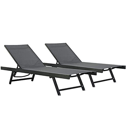 Image of Vivere Set of 2 Aluminum Outdoor Chaise Lounge Chairs, Urban Sun Adjustable Reclining Patio Loungers, Lay Flat Tanning Chairs with Sling Seat, Black