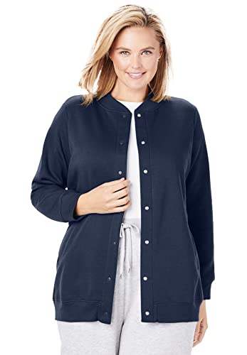 Woman Within Plus Size Fleece Baseball Jacket Long Oversized Fleece Coat - M, Navy