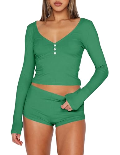 Image of REVETRO Fall Womens 2 Piece Pajama Sets Sexy PJ Shorts Y2k V Neck Long Sleeve Lounge Set Sleepwear with Button Down