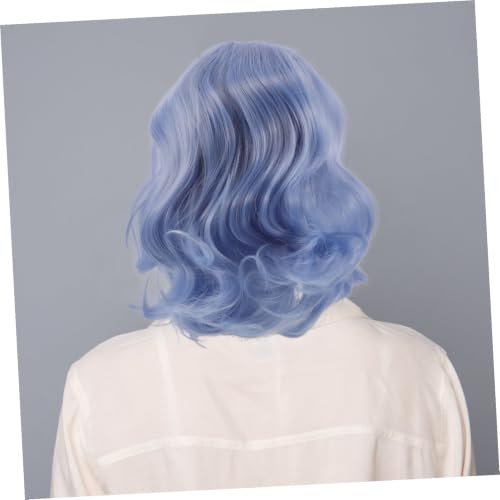 Peluca azul rizada con flequillo Tofficu de fibra de alta temperatura para mujer 5