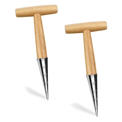 MmotZsb 2 Stück Blumenzwiebelpflanzer, Edelstahl-Pflanzholz mit Holzgriff, Pflanzhilfe für Blumenzwiebeln, Ideal für Gartenarbeit und Pflanzen von Krokuszwiebeln