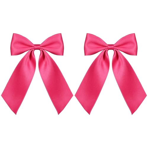 4in Hot Pink Silky Satin Ribbon Hair Bow Barrettes Alligator Clips for Toddler Teen Girls 2pc Solid Polyester Ribbon Ponytail Holder Decor Accessories Kids Women Birthday Gift