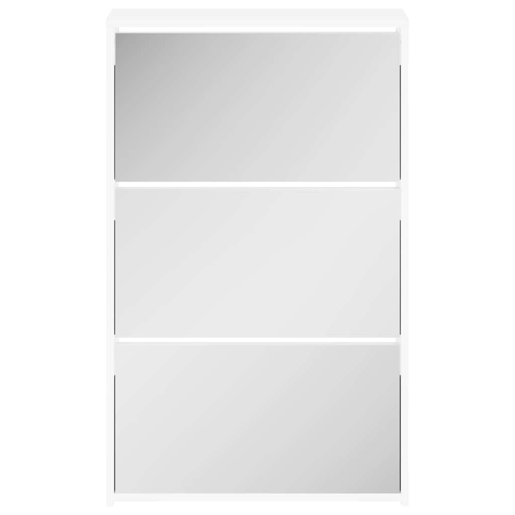 Zapatero con espejo, 3 compartimentos plegables, color blanco, 63 x 17 x 102,5 cm, ahorro de espacio, almacenamiento de zapatos de madera para pasillo, salón, dormitorio