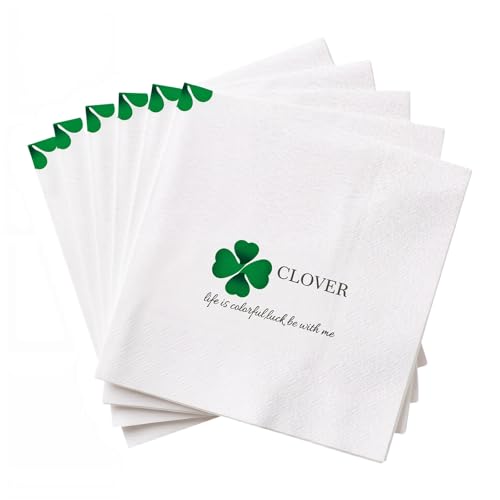 CLOVER 3-Ply Green Clover Luncheon Napkins 6.5 x 6.5 Life is Colorful Luck Be With Me Inspirational Quote Soft Absorbent Disposable Paper Napkins for Irish Party & Daily Dining (50 Pack)