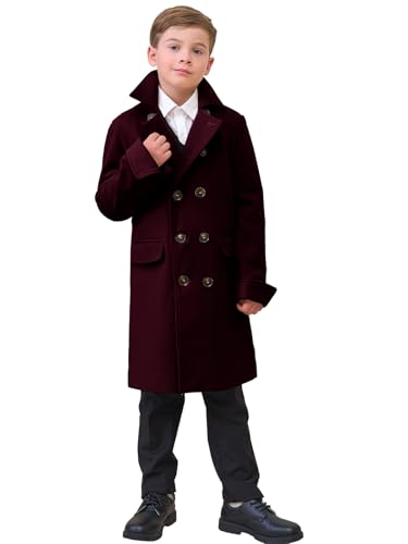 Boys Notch Lapel Double Breasted Jacket Long Trench Dress Coat Casual Classic Peacoat3