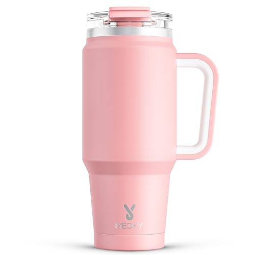 Image of Meoky 32 oz Tumbler with Handle, Insulated Tumbler with Lid and Straw, Stainless Steel Travel Mug, Keeps Cold for 24 Hours, 100% Leak Proof, Fits in Car Cup Holder (Blush)