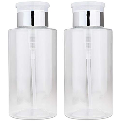PANA Professional (Quantity: 2 Pieces) 10 oz. SILVER Chrome Lid No Wording Labeled Push Down Liquid Pumping Clear Empty Bottle Dispenser