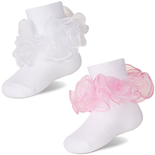 Girls Ruffle Socks Cute Double Lace Frilly Princess Dress Cotton Socks for Kids Toddler Girls 2 Pairs