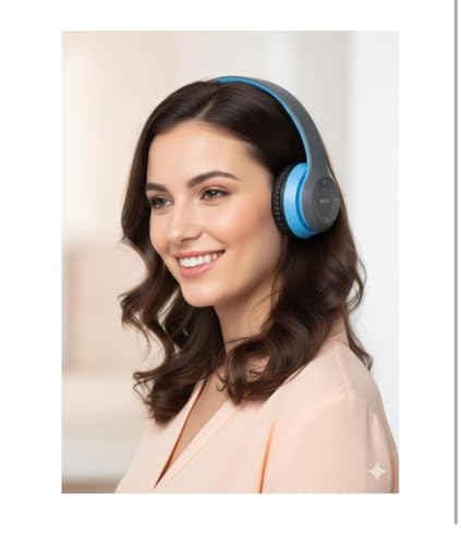 Image of JPGC Wireless Bluetooth Headphones, P47 Over-Ear Headset with Extra Bass, Foldable Design, Soft Memory Protein Earmuff, Bluetooth 5.0, FM Radio, SD Card Support, AUX Input, Black (Blue)