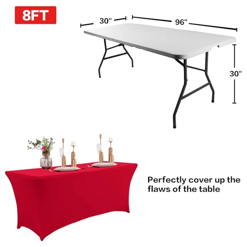 Image of IVAPUPU 2 Pack 8FT Table Cloth for Rectangular Fitted Events Stretch Red Table Covers Washable Cover Spandex Tablecloth Protector for Party, Wedding, Cocktail, Banquet, Festival