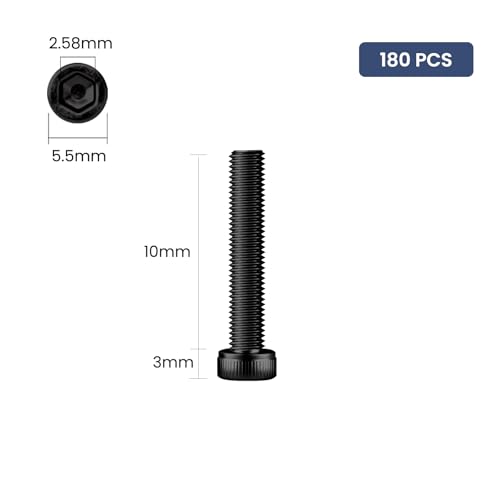 BNUOK 180pcs M3 x 10mm Hex Socket Head Cap Screws Bolts, 12.9 Grade Alloy Steel, Black Oxide Finish, Allen Socket Drive, Full Threads,with Hex Spanner