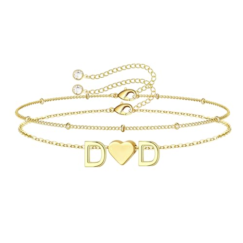 Turandoss 2 Initial Bracelets for Women – Elegant Heart Double Letter DD Charm, 14K-Gold-Plated Layered Jewelry, Birthday Gifts for Women