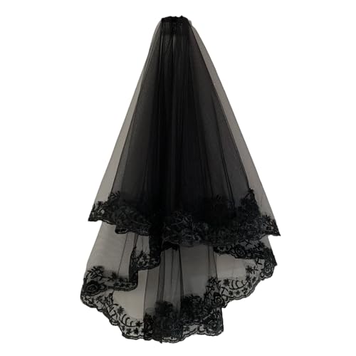AiberLisha Women Black 2 Tier Short Wedding Veil with Embroidered Floral Edge for Brides AG05