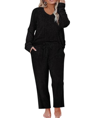 RITERA Womens Plus Size 2 Piece Outfits Lounge Sets Knit Sweatsuit Long Sleeve Pullover Tops Wide Leg Pant Pajama Sets XL-5XL