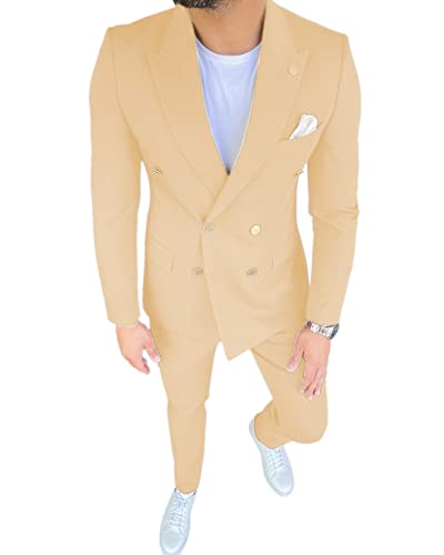 Men Summer Suits Sets Daily Casual Double Breasted Blazer 2 Pieces Slim Fit Suits(Blazer+Pants)2