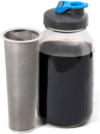 County Line Kitchen - Cold Brew Mason Jar iced Coffee Maker, Durable Glass, Heavy Duty Stainless Steel Filter, Flip Cap Lid - 64 oz (2 Quart / 1.9 Liter), No Handle