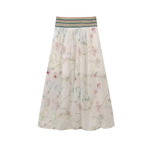 Women's Vintage Floral Embroidered High Waist Aline Midi Skirt Summer